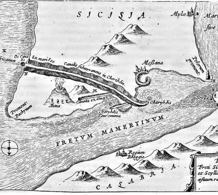 Lo Stretto di Messina con l’Etna ed un ipotetico canale causa dei gorghi tra Scilla e Cariddi, da Athanasius Kircher, Mundus subterraneus (